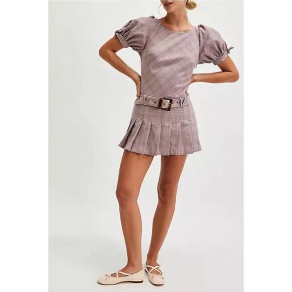 Free People Dresses & Skirts - Free People Sevi Plaid Mini Dress Puff Sleeve Grey and Pink Combo Size M NWOT